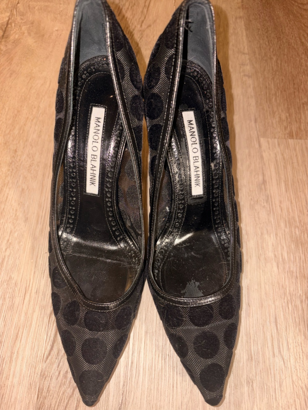 Manolo Blahnik Black Mesh Polka Dot Heels